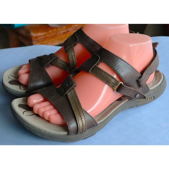 Merrell Bracken Brown Leather Sandals Women 9 Open Toe Outdoor Walking Hiking - Picture 4 of 8